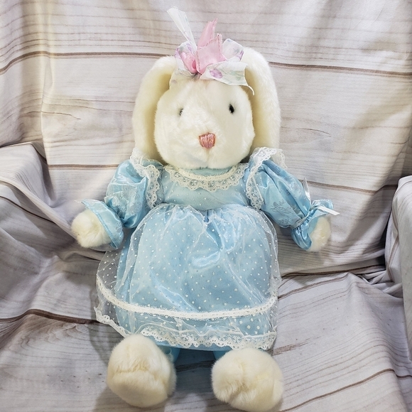 Dan Dee White Rabbit In Blue Satin & Lace Dress Stuffed Animal 18 Inch - Picture 1 of 12
